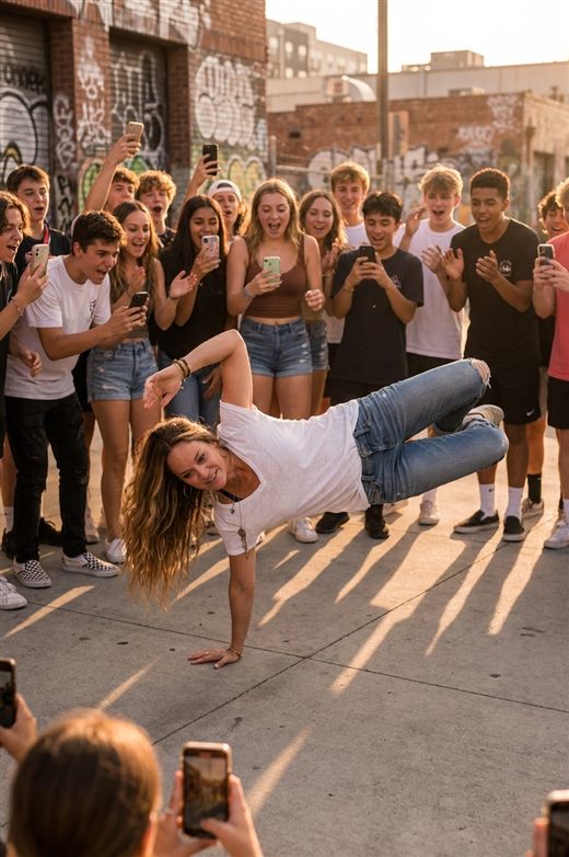 Angelene dropping into a street-dance freeze as a crowd cheers — a Studio render