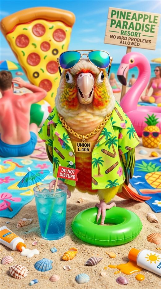 Summer Beach Outfit template — a parrot in shades and a tropical shirt on the sand